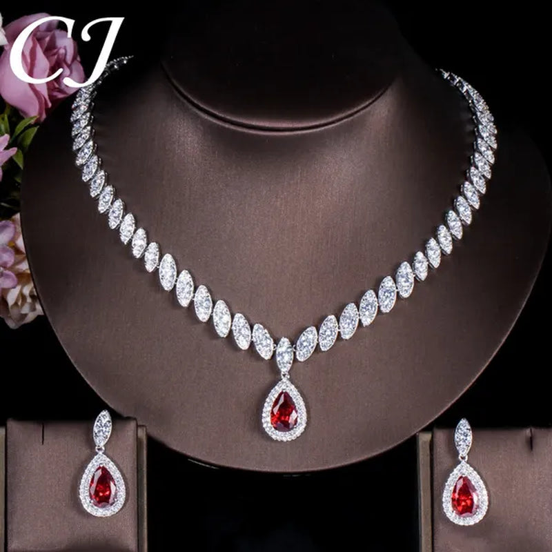 CANDICE Wedding Banquet Jewelry Sets for Brides Waterdrop Earrings Necklace Set Pear Cut Blue Zirconia Silver Plated