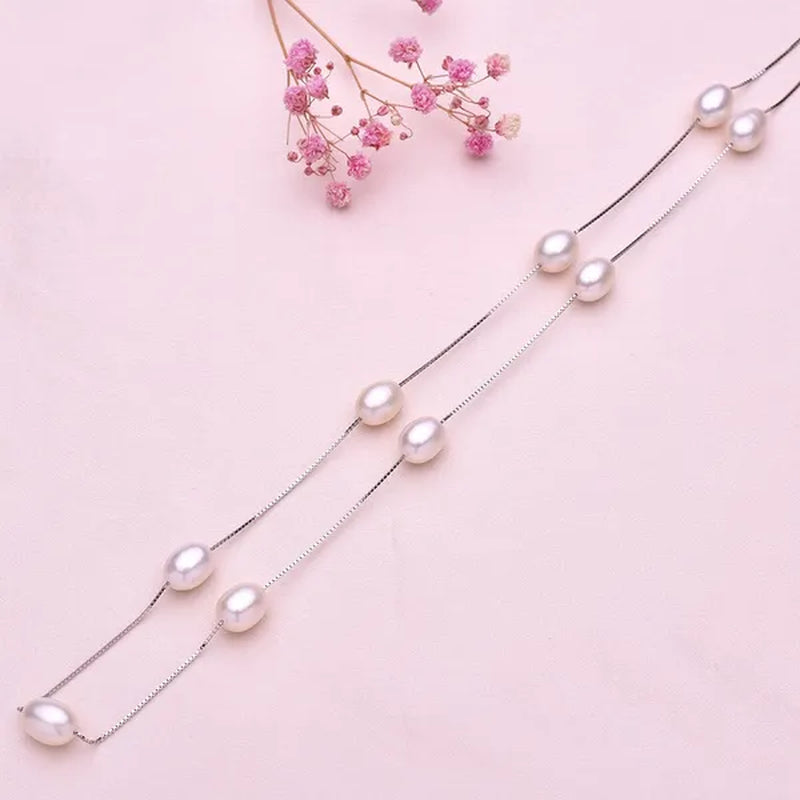 Real 925 Sterling Silver Natural White Ellipse Freshwater Pearl Chain Necklace for Women Gifts FEIGE