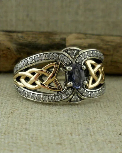 Vintage Women'S Fashion Two Tone Silver & Gold Red Ruby & Blue Sapphire Celtic Ring Anniversary Gift Engagement Bridal Wedding Jewelry Rings Size 5-10