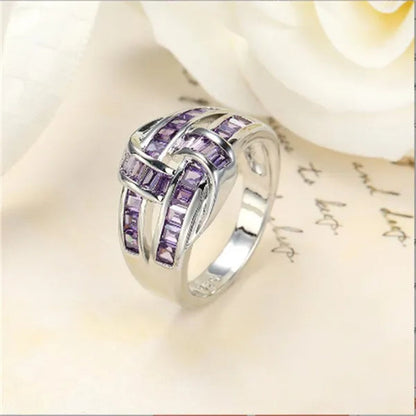Princess Silvering Purple Amethyst Gemstone Birthstone Wedding Engagement Heart Ring