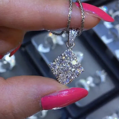 Elegant 925 Sterling Silver Plated 9 Stone Diamond Cluster Geometric Pendant Necklace for Women Party Engagement Lover Gift Jewelry