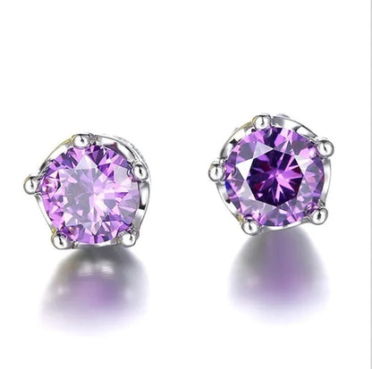 Women Fashion Jewelry 925 Sterling Silver Amethyst Diamond Studs Earrings