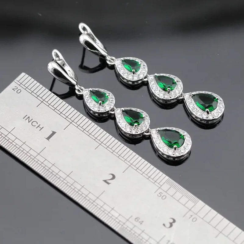 Water Drop Green Zircon White Topaz AAA Zircon 925 Silver Jewelry Sets Necklace Pendant Long Drop Earrings Ring For Women