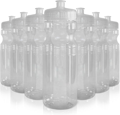 24 Oz. Bulk Water Bottles, 10 Pack, Made in USA, Blank Plastic Reusable Water Bottles for Gym, Cycling, BPA Free, Plastic Water Bottles Pull Top Cap for Sports, Clear