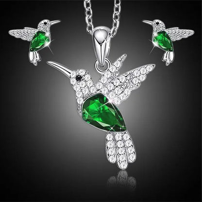 Hummingbird  Silver Jewelry Set Women Pendant Necklace and Stud Earring Set CrystalsFine Animal Jewelry, Gift for Mothers Day