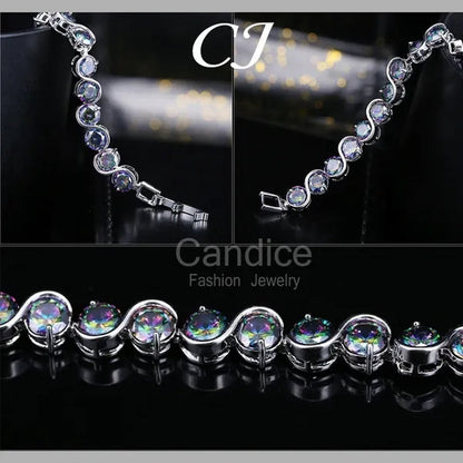 CANDICE Amazing S Shaped with round Genuine Mystic Rainbow Crystal Stone Women Bracelet Solid Sterling Silver Plated