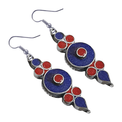 Handmade Drop Earring for Women, Coral Lapis Lazuli Gemstone Earrings, Ethnic Designer Silver Plated Fashion Jewelry for Gifts