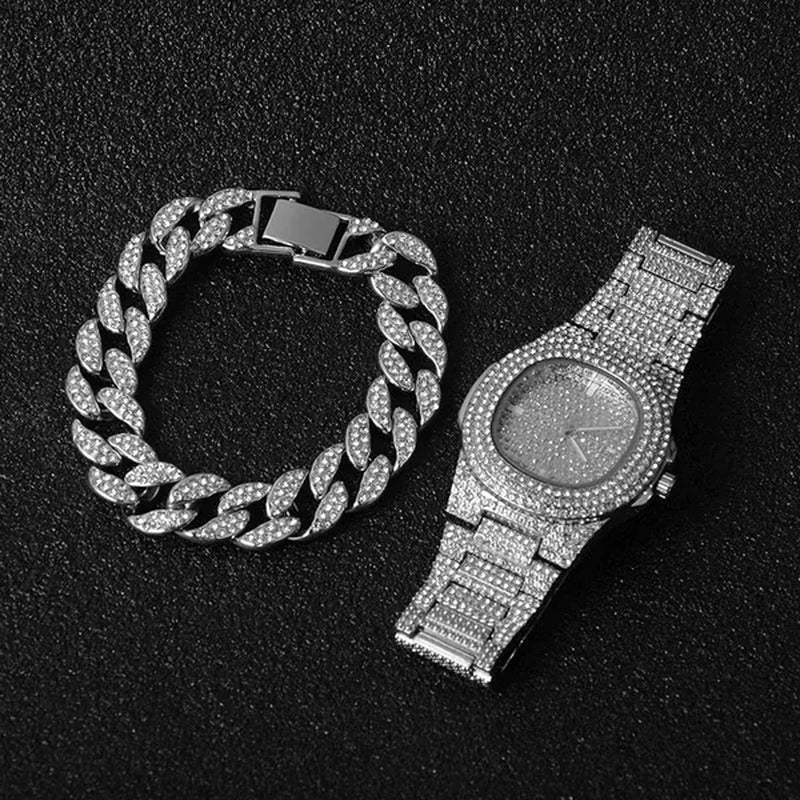 2 Pcs/set Luxury Full Iced Out Watch Mens Cuban Link Chain Bracelet Watch Bling Jewelry for Men Big Gold Chains Hip Hop Men Watch Set