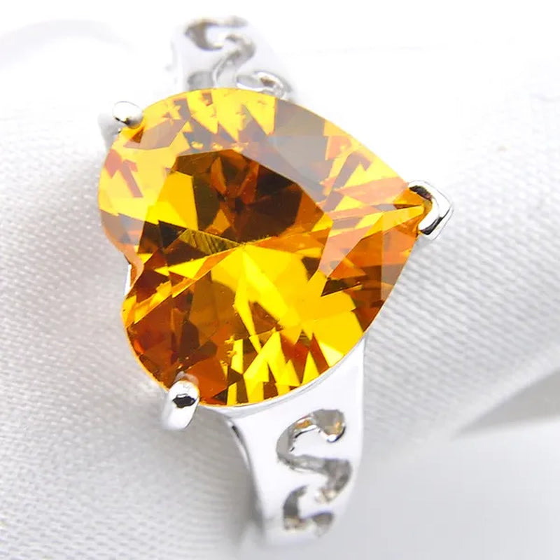 Luckyshine Heart Fire Royal Citrine Gems Silver Rings Earrings Pendants Necklace Jewelry Sets for Valentine'S Day Gift
