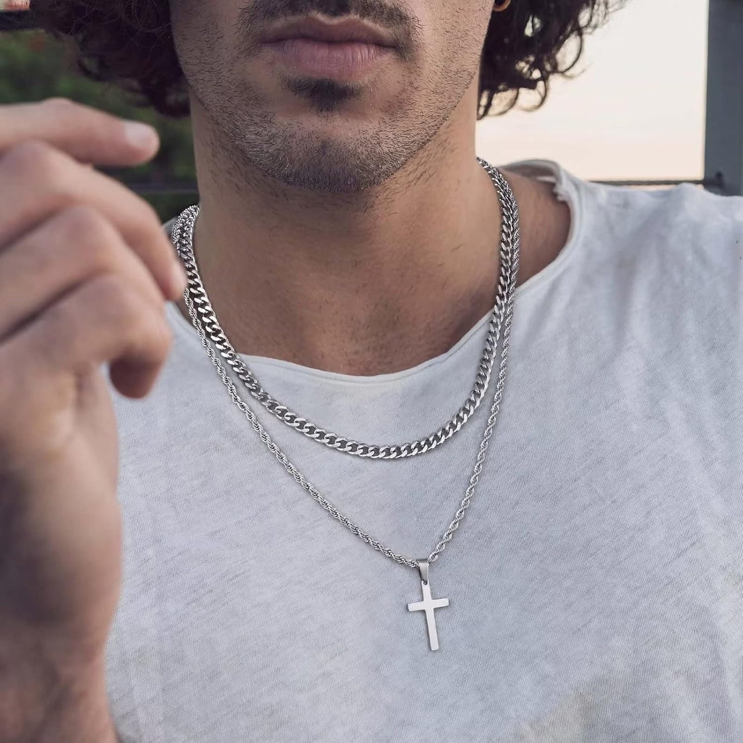 Valentines Gifts for Him - 18K Gold Plated Cross Necklaces Chain for Men Boys Gifts, Silver Rope Chain Layered Necklace Jewelry 16 18 20 22 24 Inch