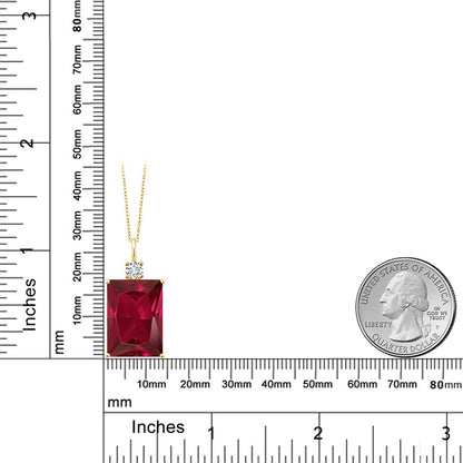18K Yellow Gold Plated Silver Red Created Ruby and White Lab Grown Diamond Pendant Necklace for Women (20.27 Cttw, Emerald Cut 18X13MM, with 18 Inch Silver Chain)
