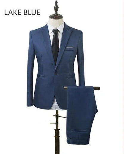 2 Pieces Blazer Men New High Quality Business Formal Wear Men Suits One Button Slim Fit Suit Men Blazer Set Blue Hot Sale Wedding Suit