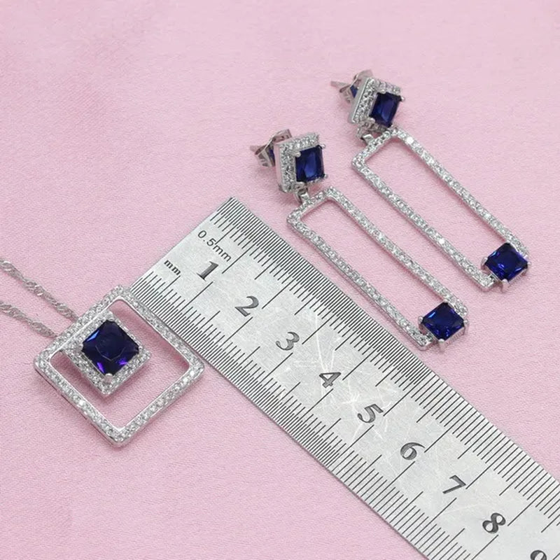 Women Fashion Silver Blue Zircon Ring Earrings Bracelet Pendant jewelry sets