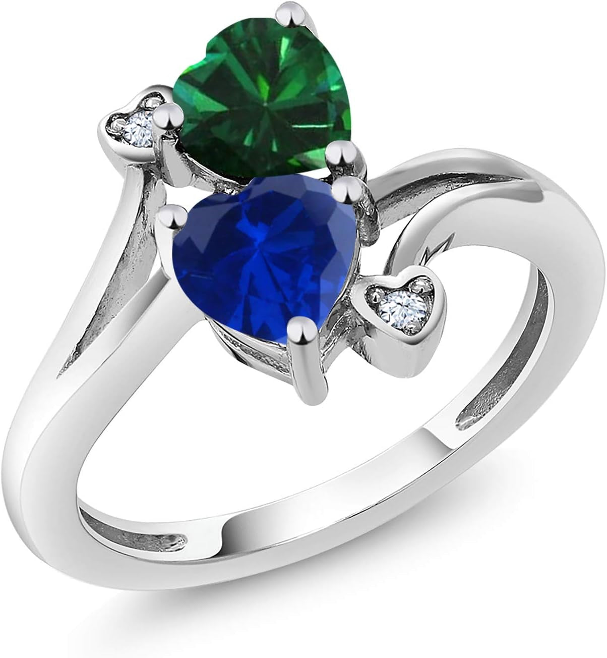 925 Sterling Silver Green Nano Emerald Blue Created Sapphire Ring for Women (1.51 Cttw, Heart Shape 6MM, Gemstone May Birthstone, Available in Size 5, 6, 7, 8, 9)