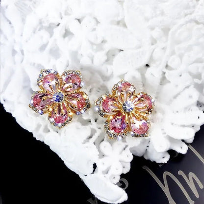 925 Sterling Silver Pink Petal Zircon Stud Earrings Flower Earrings Fashion Rose Zircon Hollow Full Diamond Earrings