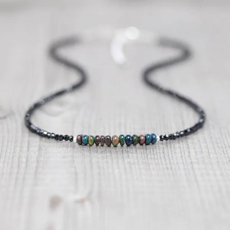 Ethiopian Welo Opal & Black Spinel Necklace. Sterling Silver, Rose, Gold Filled. Dainty Gemstone Choker.