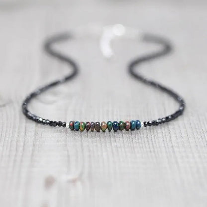 Ethiopian Welo Opal & Black Spinel Necklace. Sterling Silver, Rose, Gold Filled. Dainty Gemstone Choker.