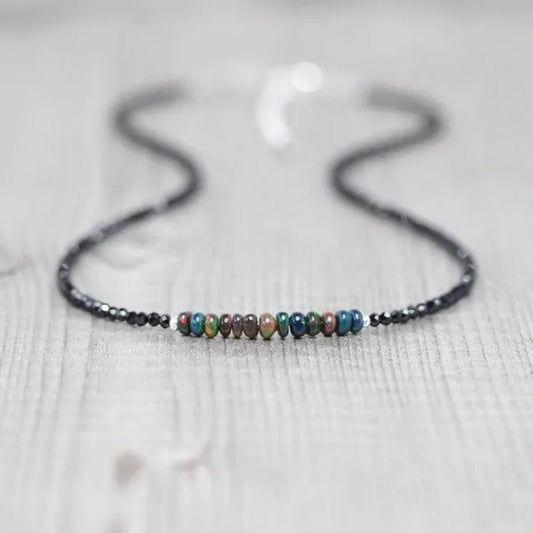 Ethiopian Welo Opal & Black Spinel Necklace. Sterling Silver, Rose, Gold Filled. Dainty Gemstone Choker.