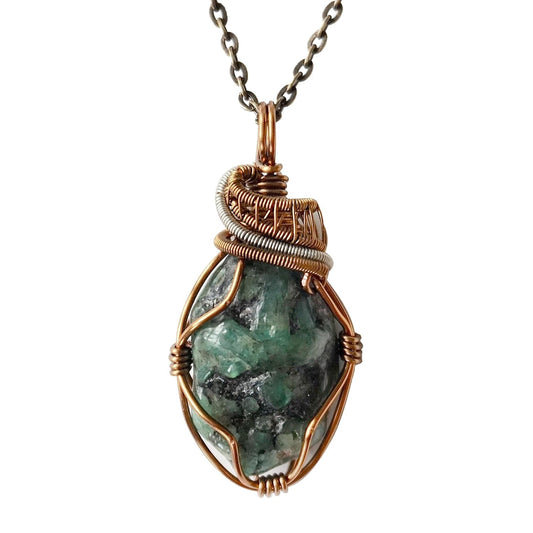 Emerald Wire Wrapped Pendant, Copper Crystal Necklace, with 24 Inch Antique Bronze Chain, May Birthstone Jewelry, Handmade in North America
