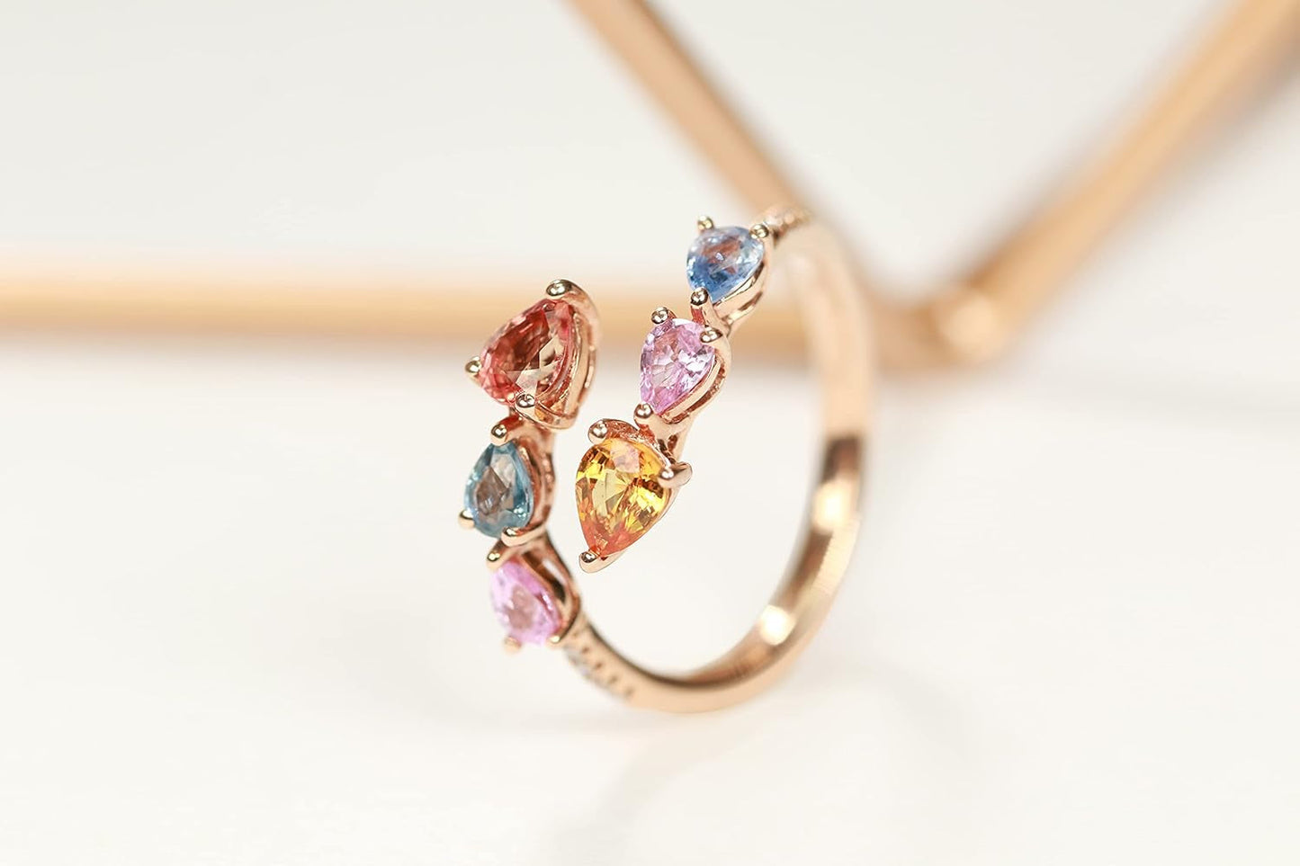 10K Yellow Gold Multi Sapphire Ring with Diamonds for Women | Ethically, Authentically & Organically Sourced (Pear-Cut) Shaped Sapphire Hand-Crafted Jewelry for Her | Sapphire Ring for Women