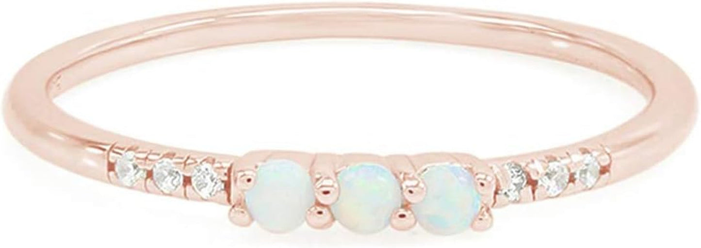 Dainty Stackable Three round Shape Stone, Synthetic Opal Wedding Bridal Engagement Ring Band for Her in 10K Solid Gold or Sterling Silver, Jewelry Gift for Her