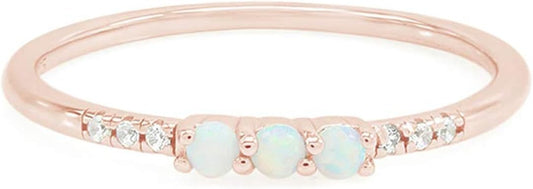Dainty Stackable Three round Shape Stone, Synthetic Opal Wedding Bridal Engagement Ring Band for Her in 10K Solid Gold or Sterling Silver, Jewelry Gift for Her