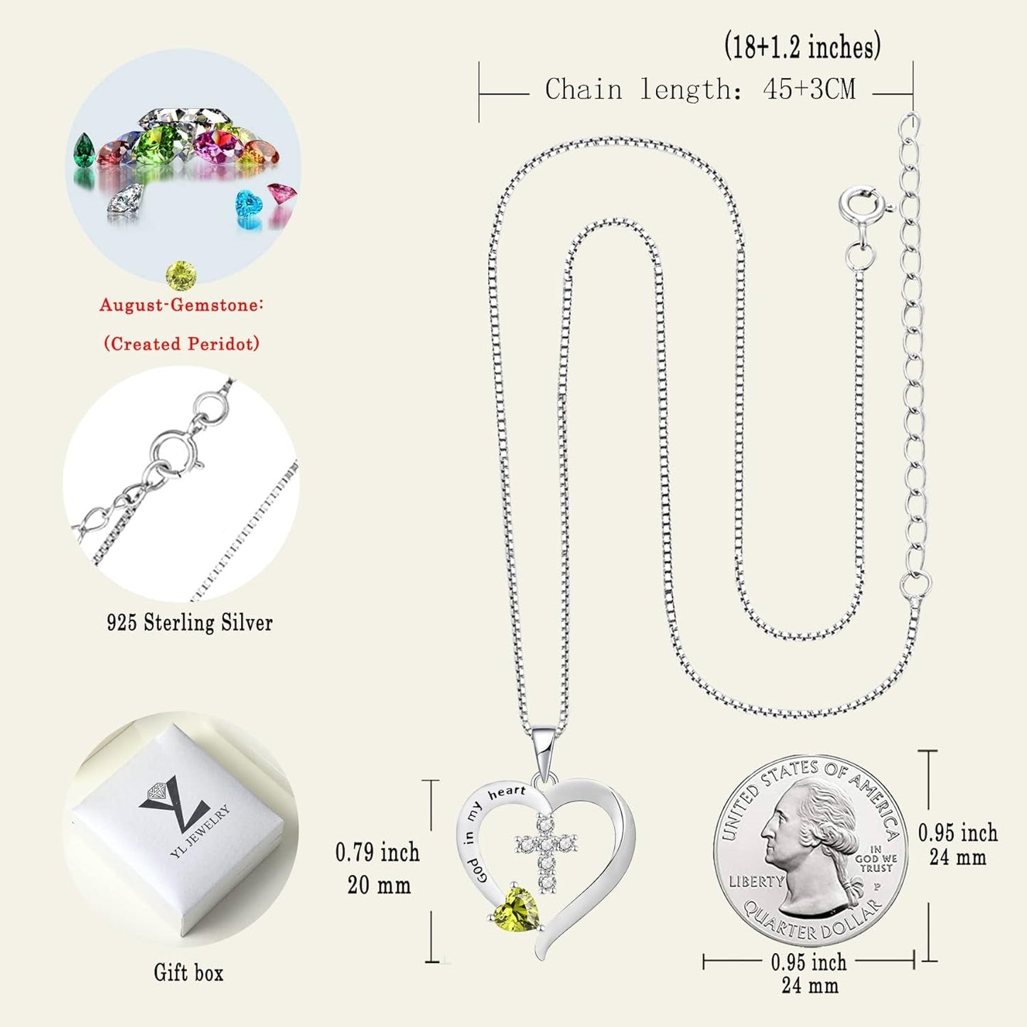 Women'S Heart Cross Necklace 925 Sterling Silver Birthstone Pendant God in My Heart Jewelry