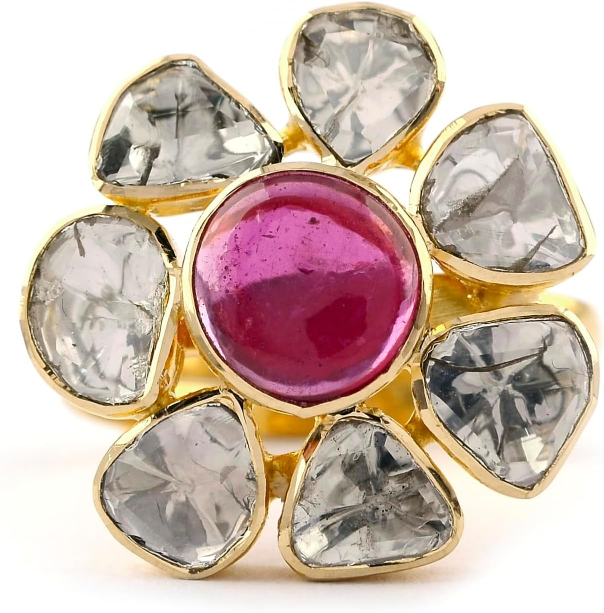 Solid 18K Yellow Gold Genuine Cabochon Ruby and Diamond Polki Ring Traditional Jewelry