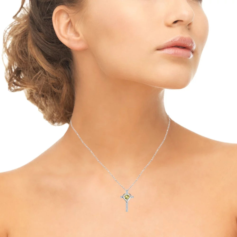 Sterling Silver Citrine and White Topaz Heart Cross Birthstone Pendant Necklace