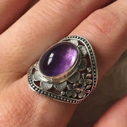 New Women's Fashion Vintage Wide Edge Carved Flower Ring Amethyst Ring Engagement Party Bridal Wedding Jewelry Christmas Valentine's Day Gift Ring