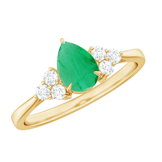 Pear Shape Emerald Solitaire Ring with Diamond for Women - 5X7 Mm (AAA Grade), 14K Yellow Gold, US 3.00