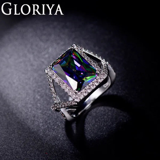 Gloriya Mystic Natural Suqare Rainbow Crystal Hand-inlaid Statement Cocktail Ring Luxury Party Women CZ Jewelry For Ladies Silver Color Jewelry（US Size 6-9）