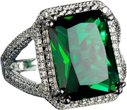 Emerald Halo 925 Sterling Silver Emerald Ring Cocktail Rings Square Cut Green Gem Cubic Zirconia Anniversary Promise Ring CZ Eternity Engagement Wedding Band Ring for Women (7)