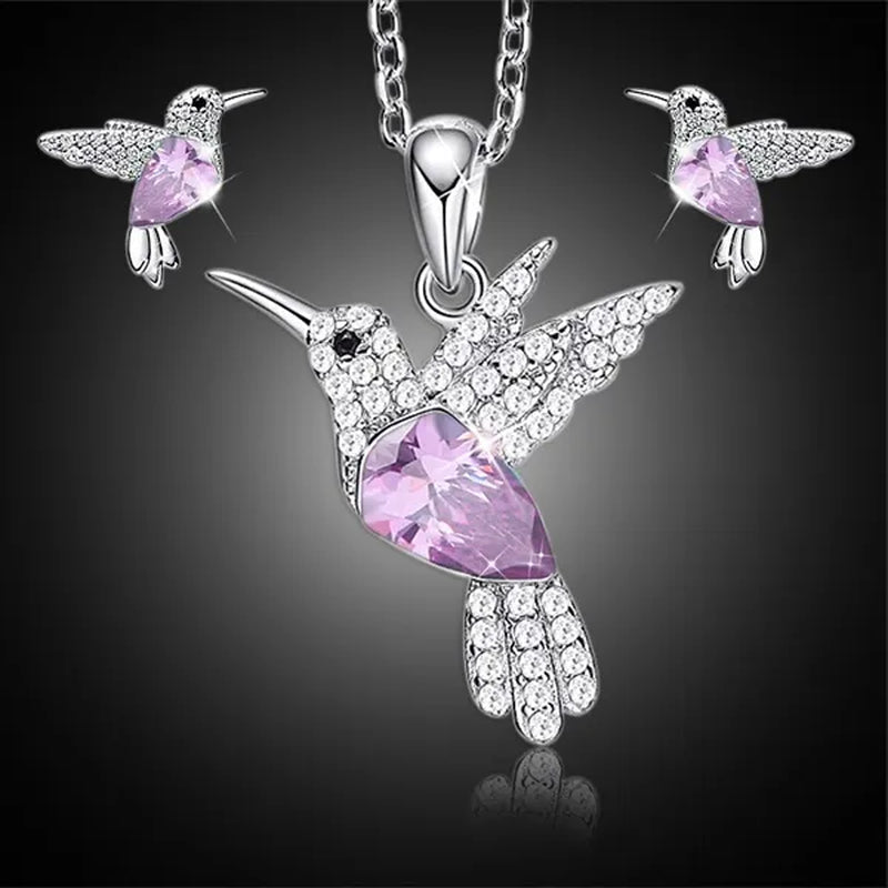 Hummingbird Silver Jewelry Set Women Pendant Necklace and Stud Earring Set Crystalsfine Animal Jewelry, Gift for Mothers Day