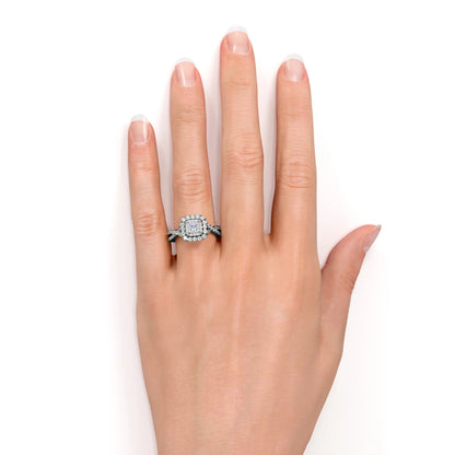 Elegant 1 Carat - Square Cut Diamond - Twisted Band - Pave - Double Halo Gothic Engagement Ring - 10K Black Gold