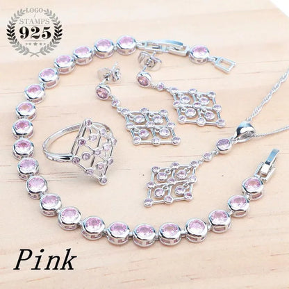 925 Silver Zircon Bridal Jewelry Set For Women Bracelet Earrings Pendant Necklace Rings