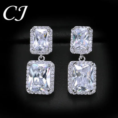 CANDICE Women Sparkling Banquet Drop Earrings Setting White Gold Plating Double Square Cubic Zirconia Dangle Ear Jewelry For Wedding Party