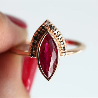 Unique Natural Rhombus 2 in 1 Ruby Engagement Ring Marquise Bridal Wedding Ring with Black Diamonds Women Ruby Ring Diamond Fine Jewelry Set （Size 5-11）