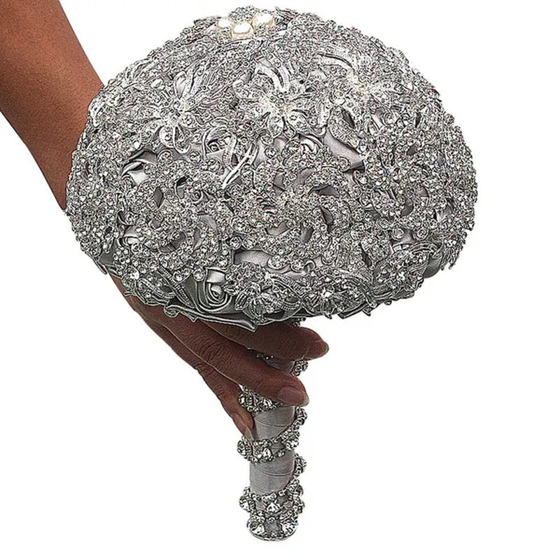 18CM Luxurious Shiny Full Diamonds Brooch Bouquet Silver Rhinestone Bridal Bouquet Ribbon Satin Rose Wedding Bride Holding Flowers