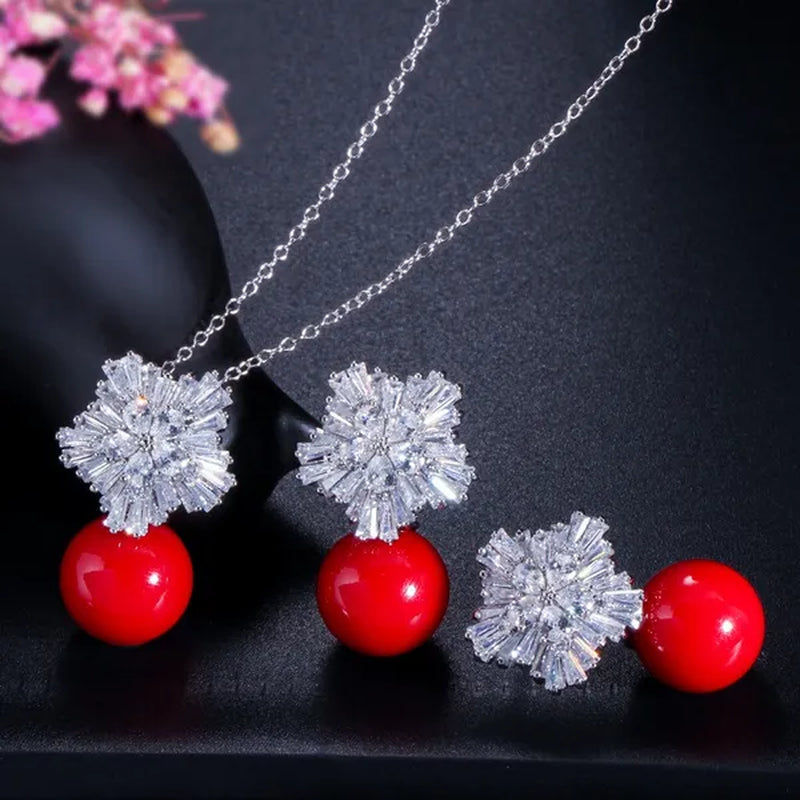 Gloriya High Quality Red Pearl Pendant Necklace Earrings Sets With Sparkling CZ Zirconia Snowflake Christmas Jewelry Set For Women Gifts