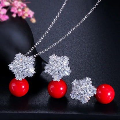 Gloriya High Quality Red Pearl Pendant Necklace Earrings Sets With Sparkling CZ Zirconia Snowflake Christmas Jewelry Set For Women Gifts