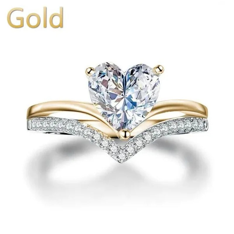 V-Shape Solitaire Ring Heart Shape Diamonds Sweet Finger Ring Two Layer Women'S Engagement Banquet Ring Exquisite Jewelry