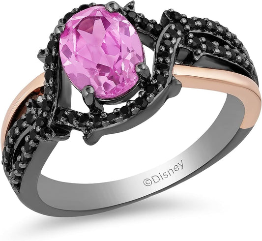 Enchanted Disney Fine Jewelry 14K Rose Gold over Sterling Silver with Black Rhodium Oval Created Pink Sapphire and 1/4 Cttw Treated Black round Diamond Maleficent Ring