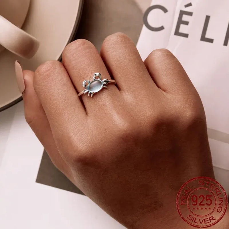 925 Sterling Silver Cute Crab Open Ring in Sterling Silver Delicate Blue Zircon Ring for Women Fashion Jewelry