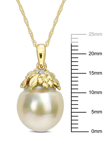 9-10Mm Drop South Sea Cultured Freshwater Pearl and Diamond Accent 14Kt Yellow Gold Leaf Crown Drop Pendant with Chain