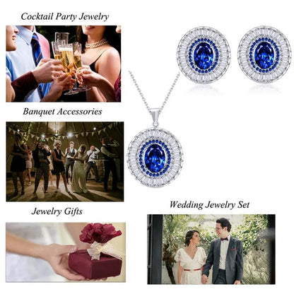CANDICE Classic round Blue CZ Stone Party Jewelry Sets for Women Elegant Blue Cubic Zirconia Stud Earrings and Necklace 2 Piece Set