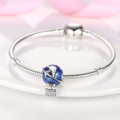 Summer Beach Travel Flying Bead Charm 925 Sterling Silver Blue Enamel Travel Pendant Charm for Women Bracelet & Necklace DIY