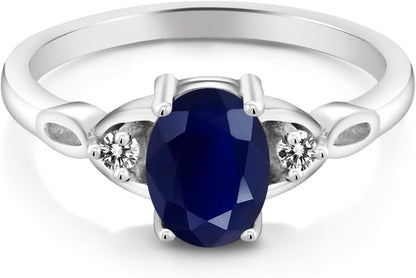 925 Sterling Silver Blue Sapphire and White Diamond Ring | 3-Stone Ring for Women | 1.87 Cttw | Gemstone September Birthstone | Oval 8X6MM | Available in Size 5, 6, 7, 8, 9