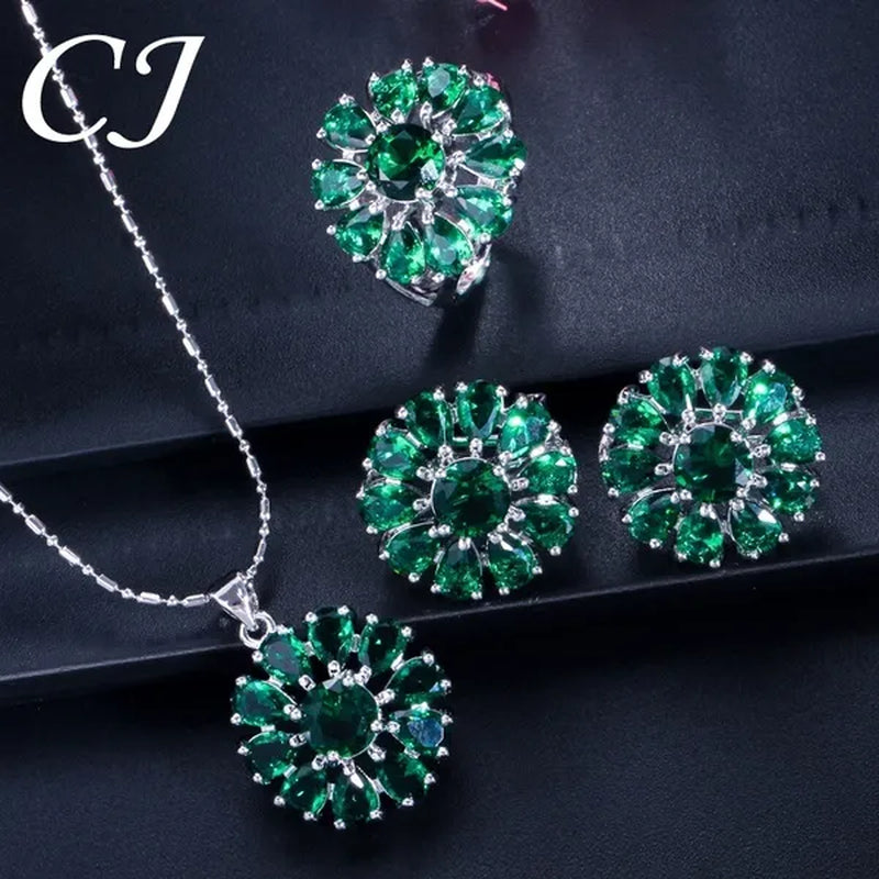 CANDICE BLUE Zirconia Stone Flower Stud Earrings Necklace Ring Fashion Sterling Silver Plated Jewelry for Christmas Party
