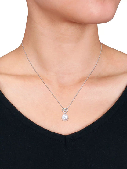 Women'S 9.5-10Mm South Sea Cultured Pearl and Diamond Accent 10Kt White Gold Heart Drop Pendant